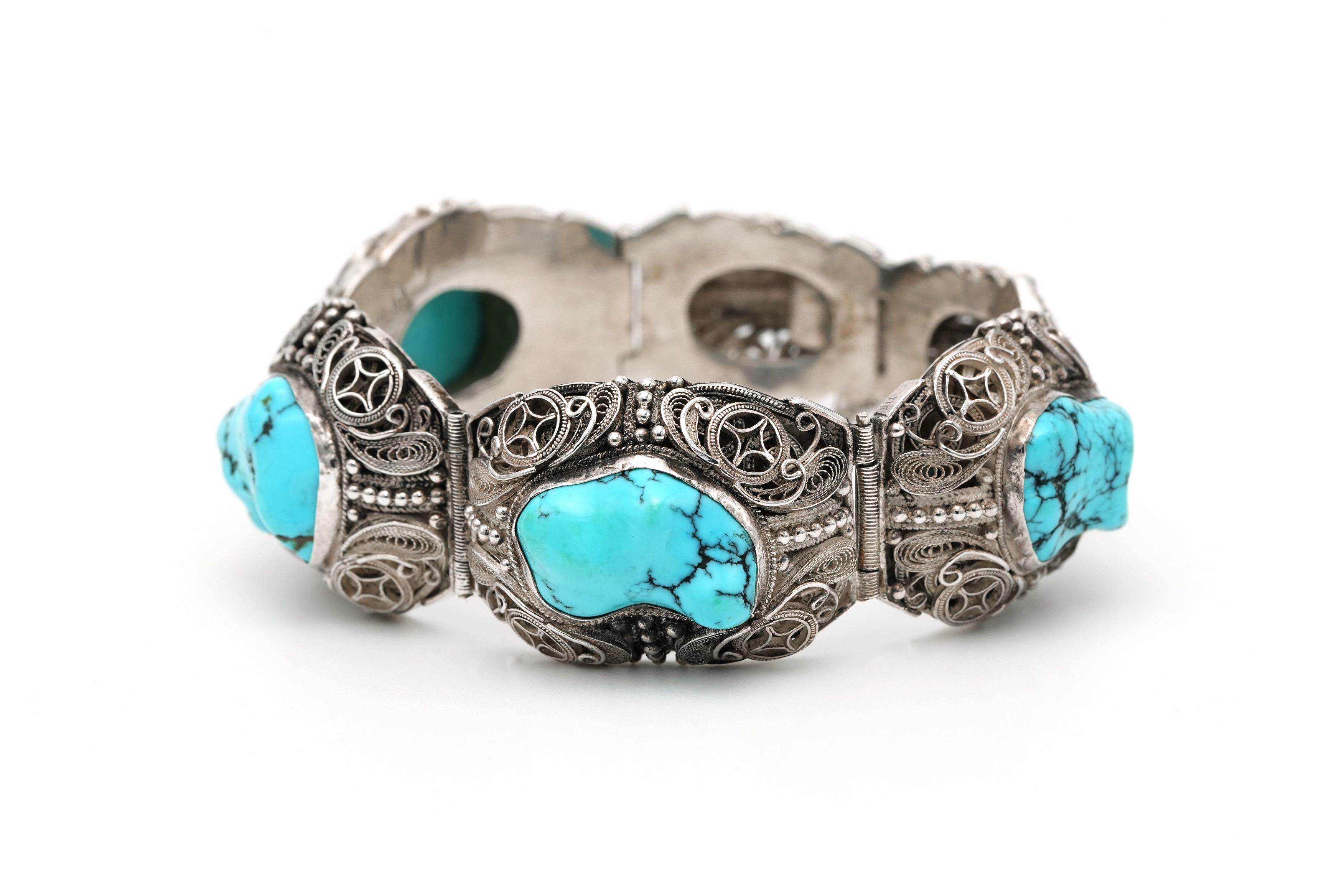 Bracelet Années 50 en argent 925 serti de turquoises