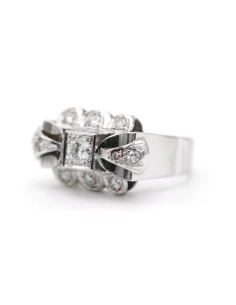 Bague Art Déco en or blanc 18 carats sertie de diamants "taille" brillant (+-0.42ct) - 2