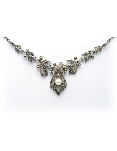 Collier Années 50 en argent, marcassites et perle
