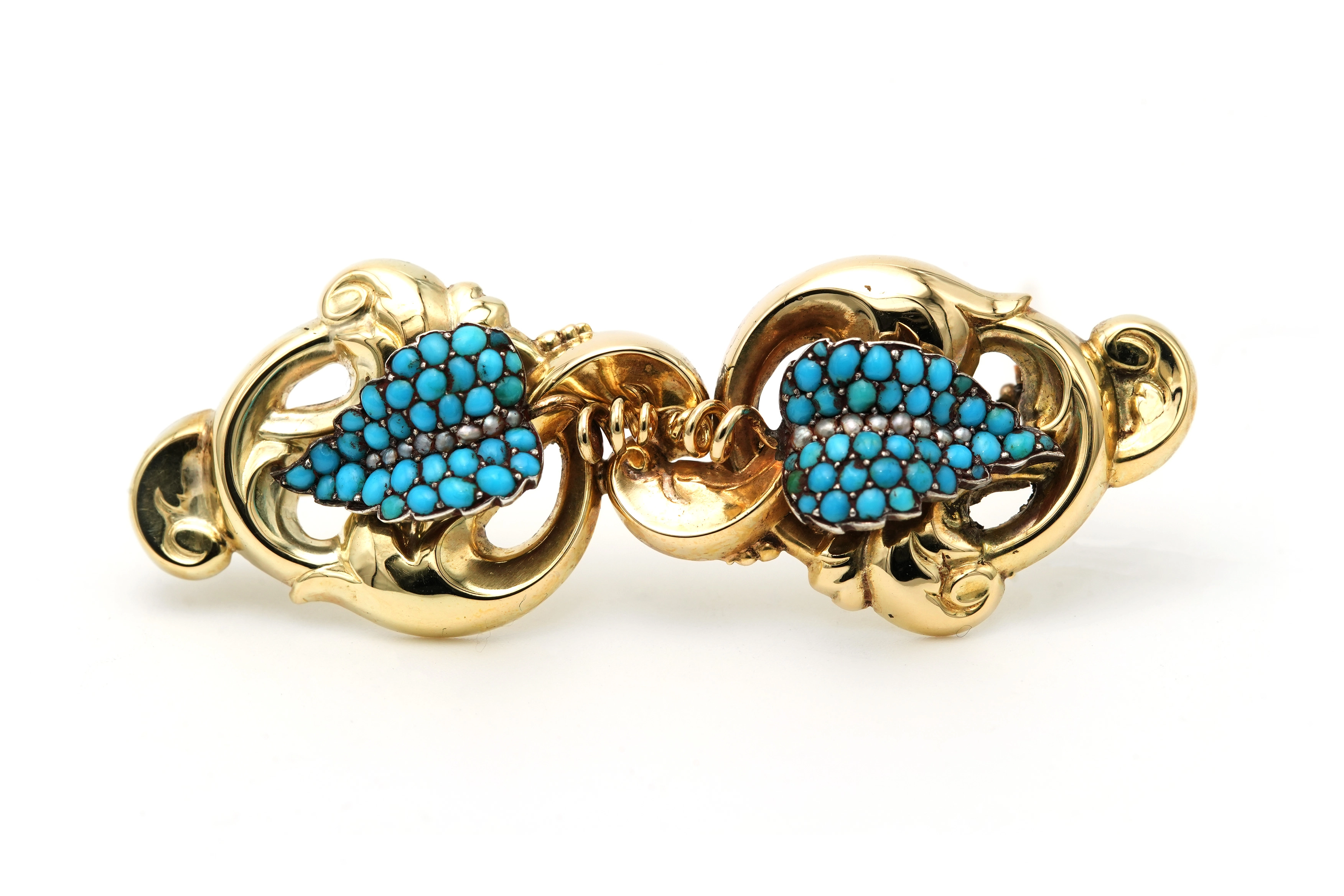 Broche Napoléon III en or jaune 18 carats sertie de perles et de turquoises - 1