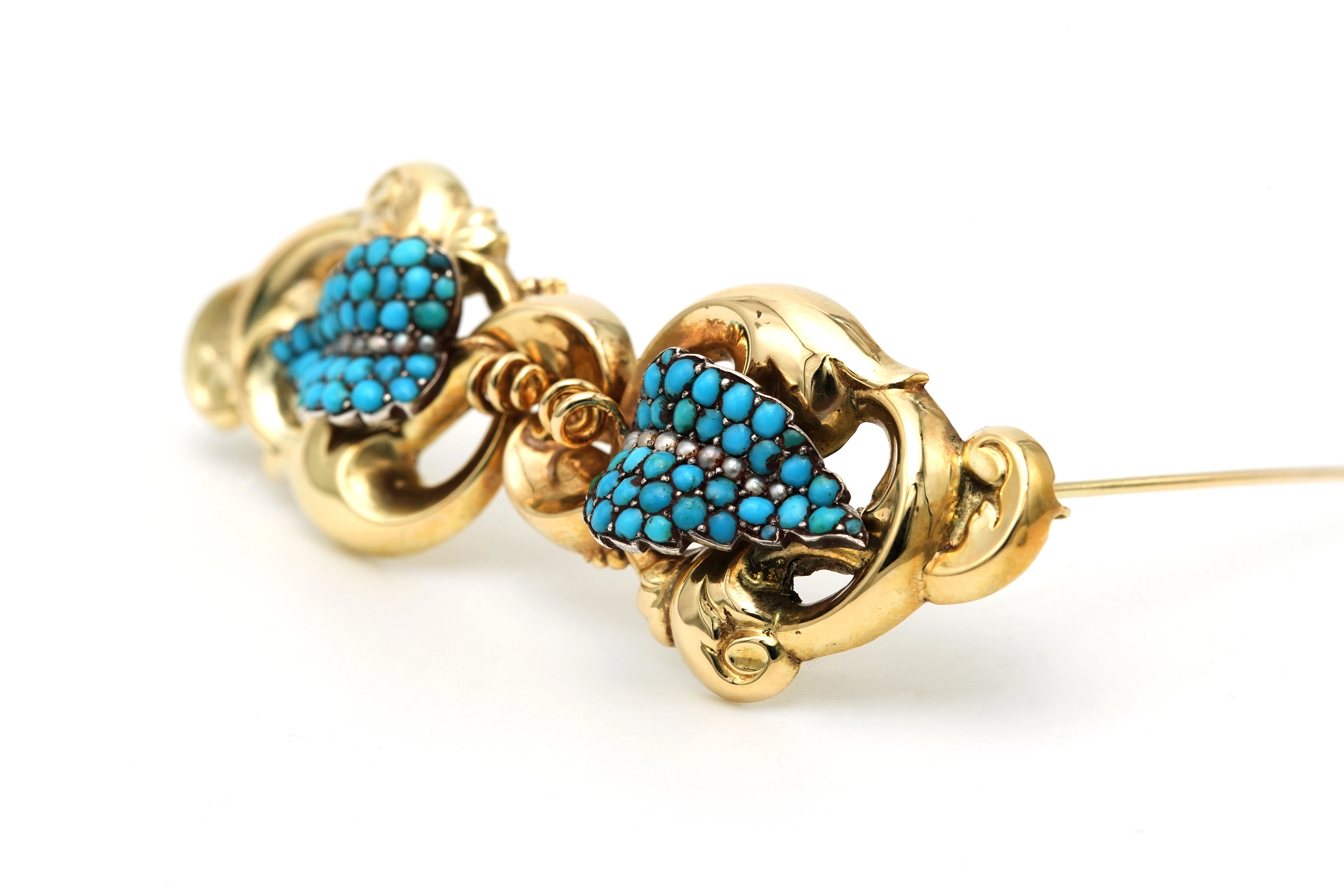 Broche Napoléon III en or jaune 18 carats sertie de perles et de turquoises - 2