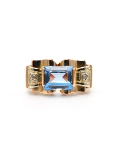 Bague Art Déco en or jaune 18 carats sertie d'une spinelle de synthèse et de diamants "taille" rose - 1