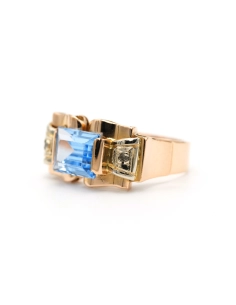 Bague Art Déco en or jaune 18 carats sertie d'une spinelle de synthèse et de diamants "taille" rose - 2