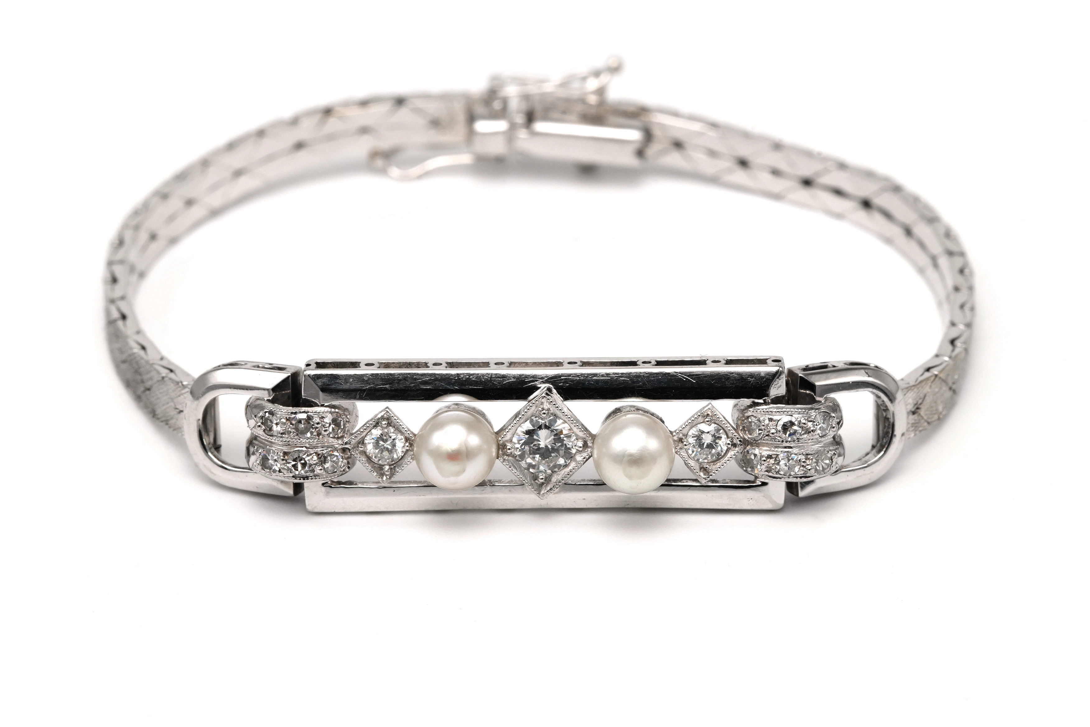 Bracelet Art Déco en or blanc 18 carats, perles et diamants "taille" brillant (+-0.538ct) - - 6