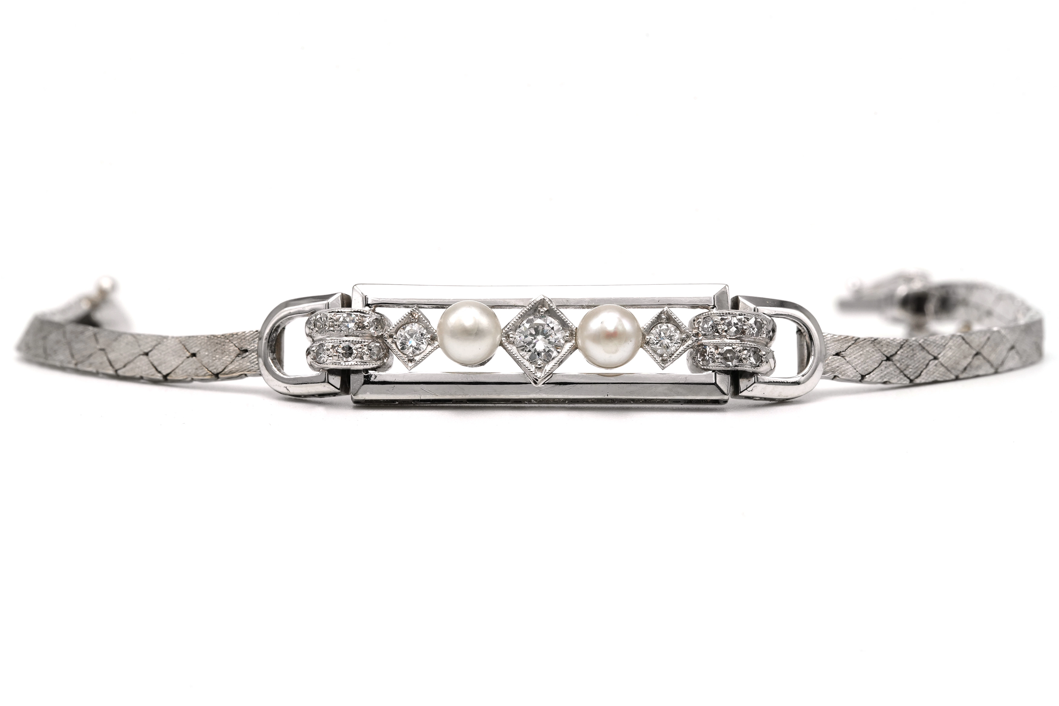 Bracelet Art Déco en or blanc 18 carats, perles et diamants "taille" brillant (+-0.538ct) - - 2