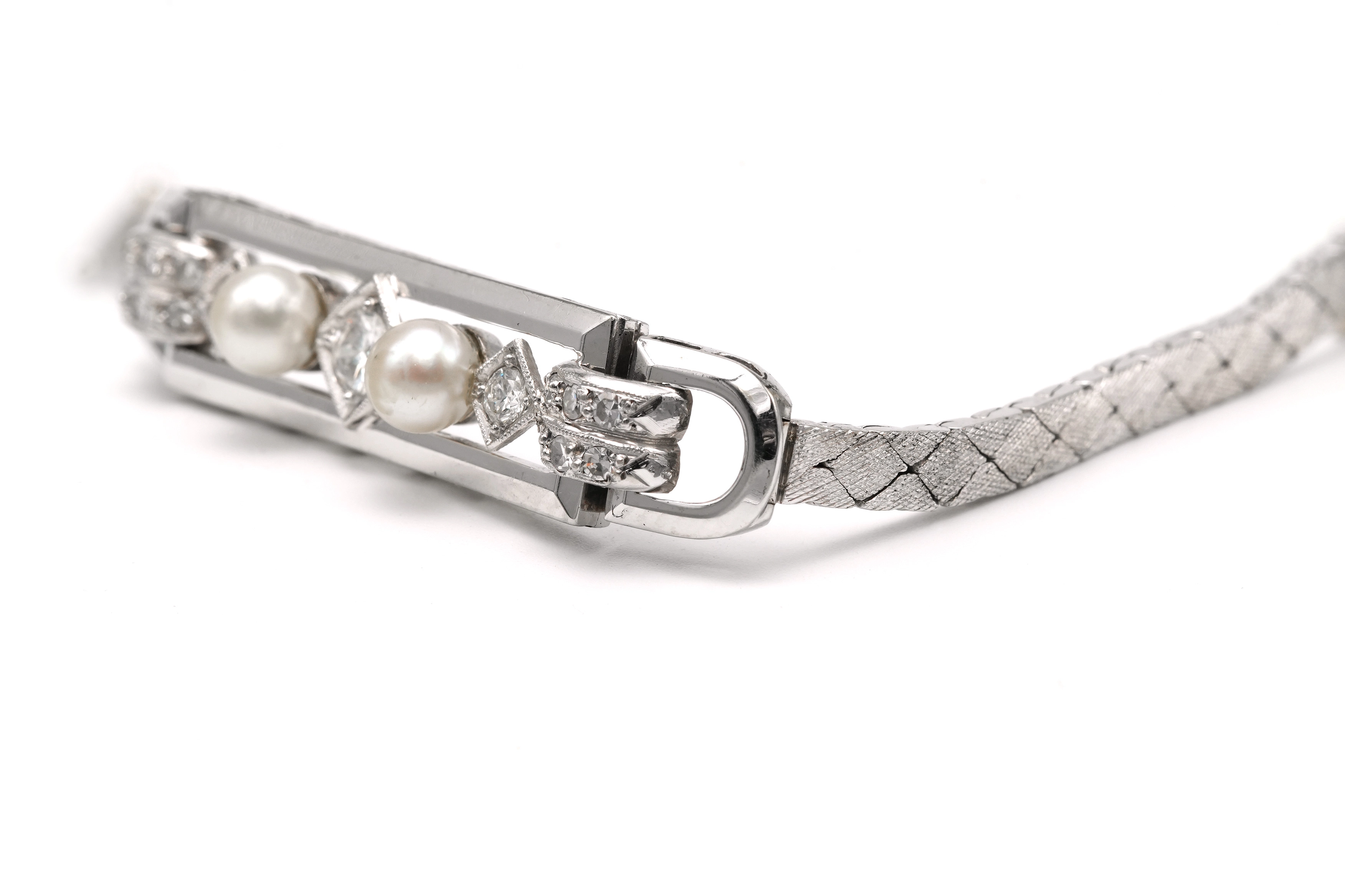 Bracelet Art Déco en or blanc 18 carats, perles et diamants "taille" brillant (+-0.538ct) - - 3
