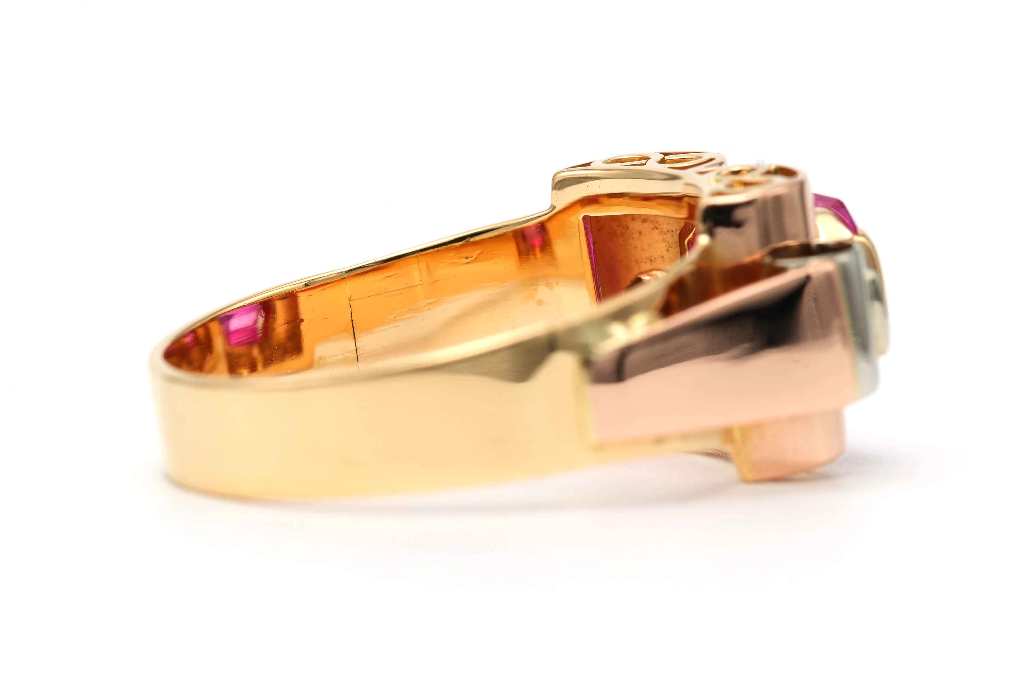 Bague Art Déco en or jaune et blanc 18 carats sertie d'une spinelle de synthèse et de diamants "taille" rose - 5