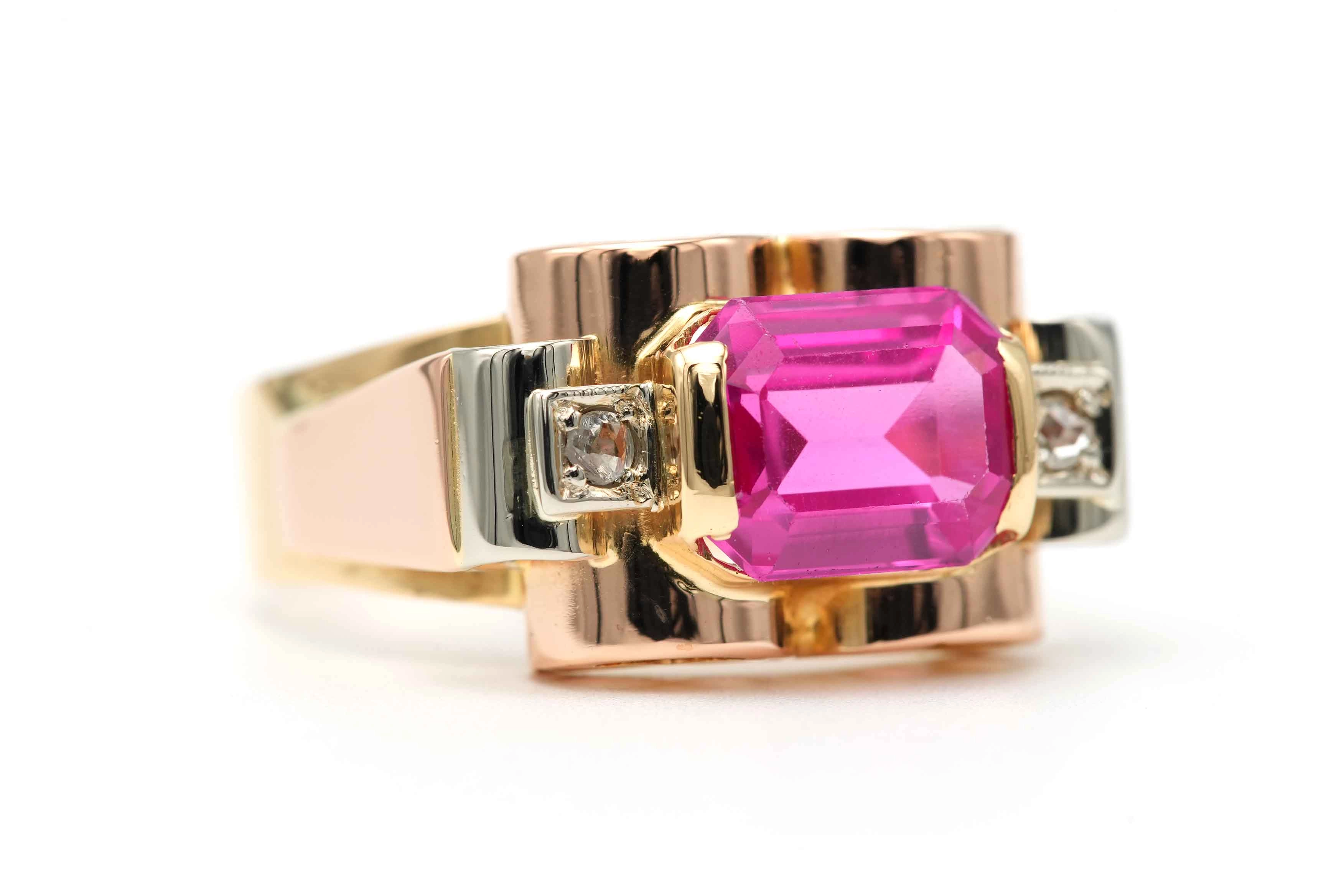 Bague Art Déco en or jaune et blanc 18 carats sertie d'une spinelle de synthèse et de diamants "taille" rose - 6
