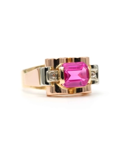 Bague Art Déco en or jaune et blanc 18 carats sertie d'une spinelle de synthèse et de diamants "taille" rose - 6