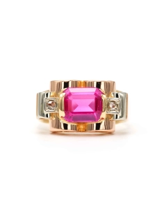 Bague Art Déco en or jaune et blanc 18 carats sertie d'une spinelle de synthèse et de diamants "taille" rose - 1