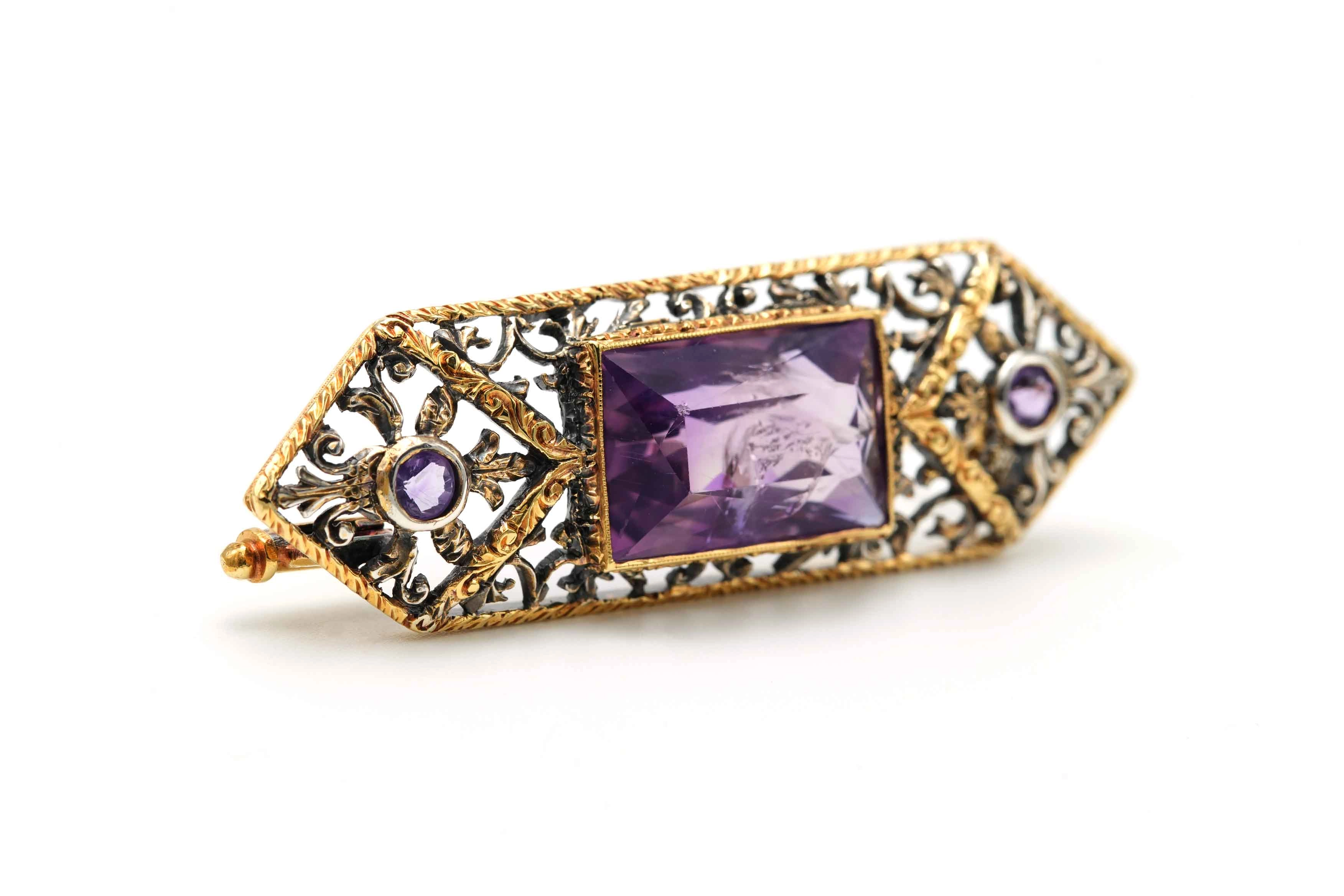Broche Napoléon III en or jaune 18 carats et argent sertie d'améthystes - 6