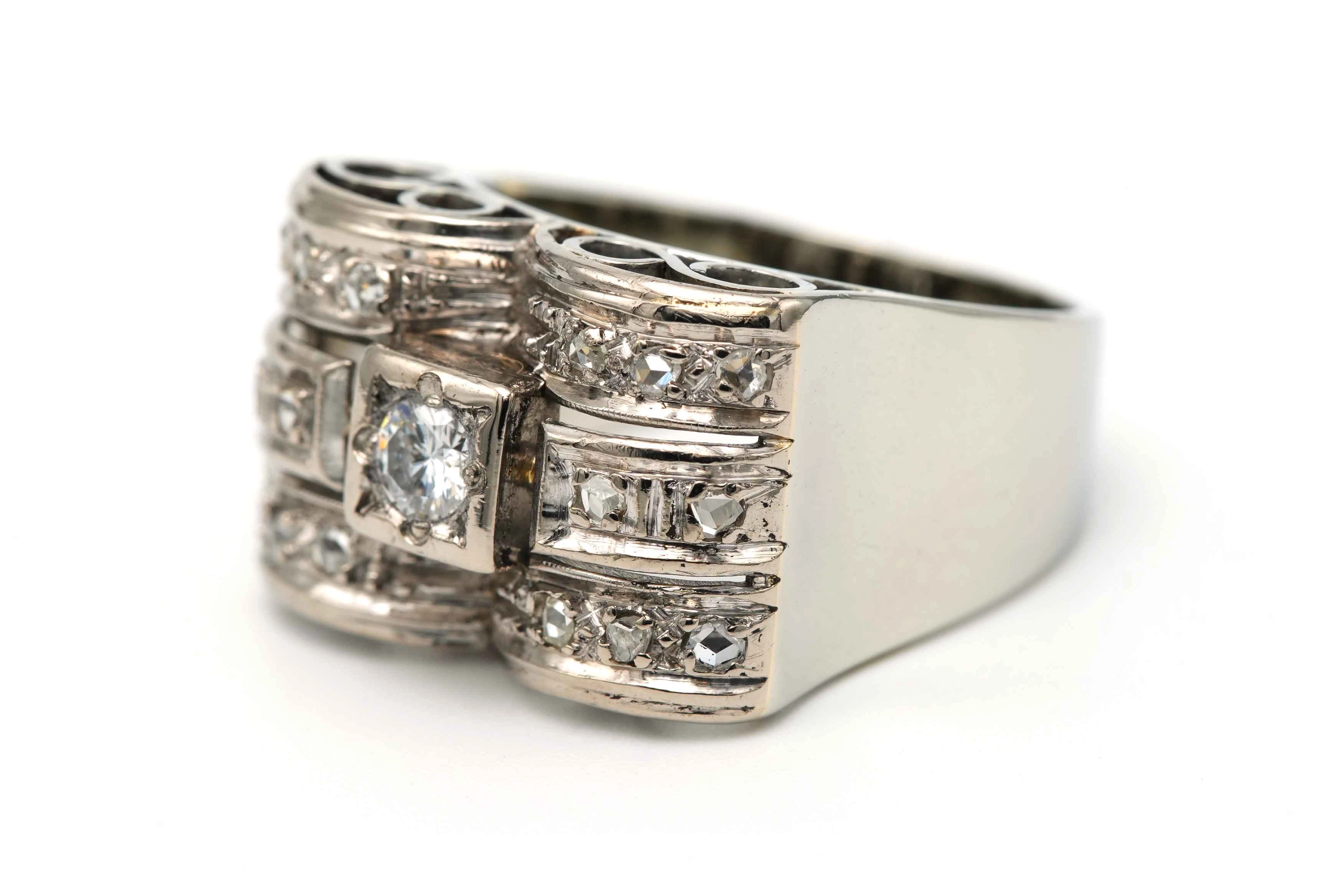 Bague Art Déco en or blanc 18 carats sertie de diamants "taille" rose et d'un diamant "taille" brillant (+-0,25ct) - - 2