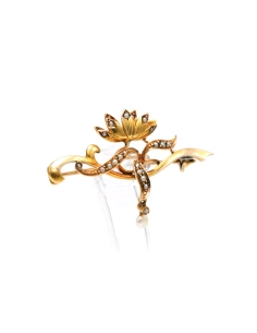 Broche Art Nouveau en or jaune 18 carats sertie de perles - 6