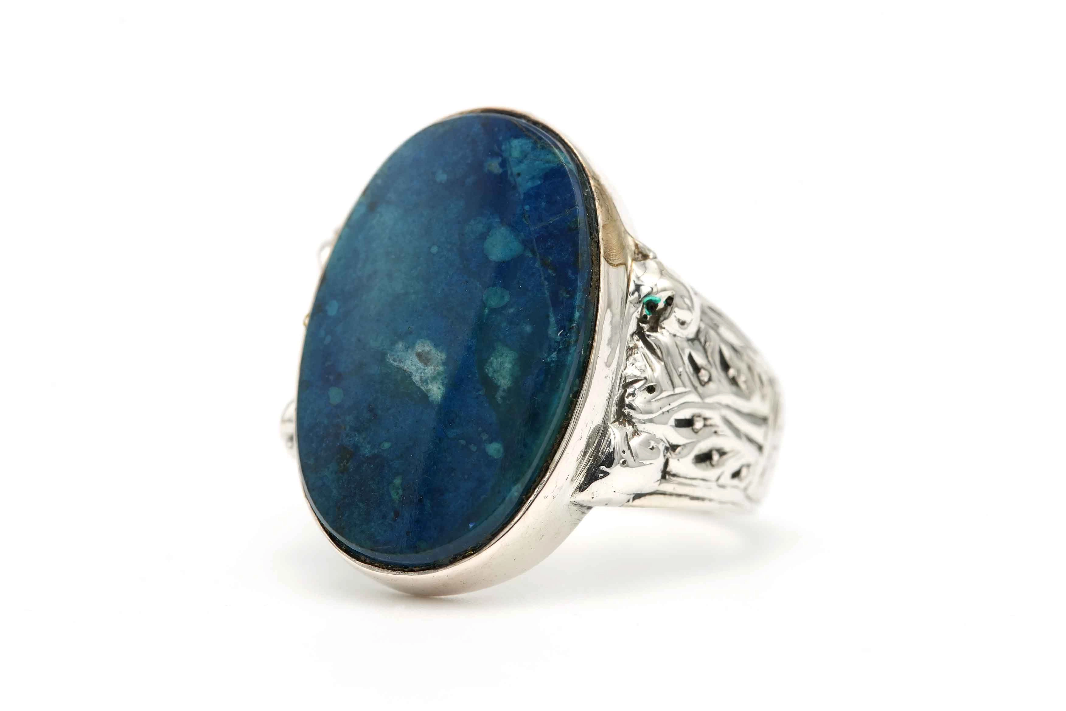 Bague contemporaine en argent 835 sertie d'une chrysocolle - - 2