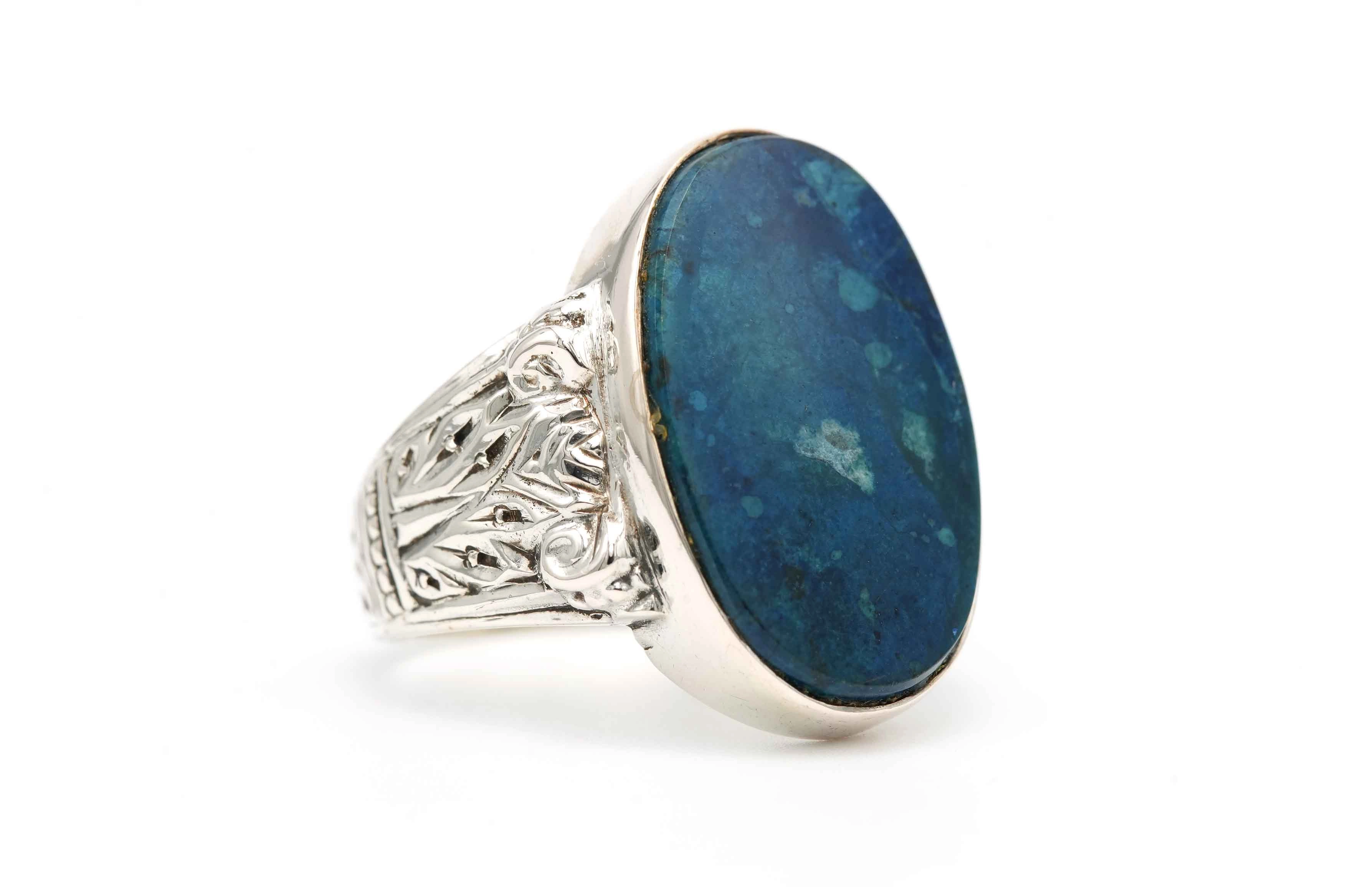 Bague contemporaine en argent 835 sertie d'une chrysocolle - - 6