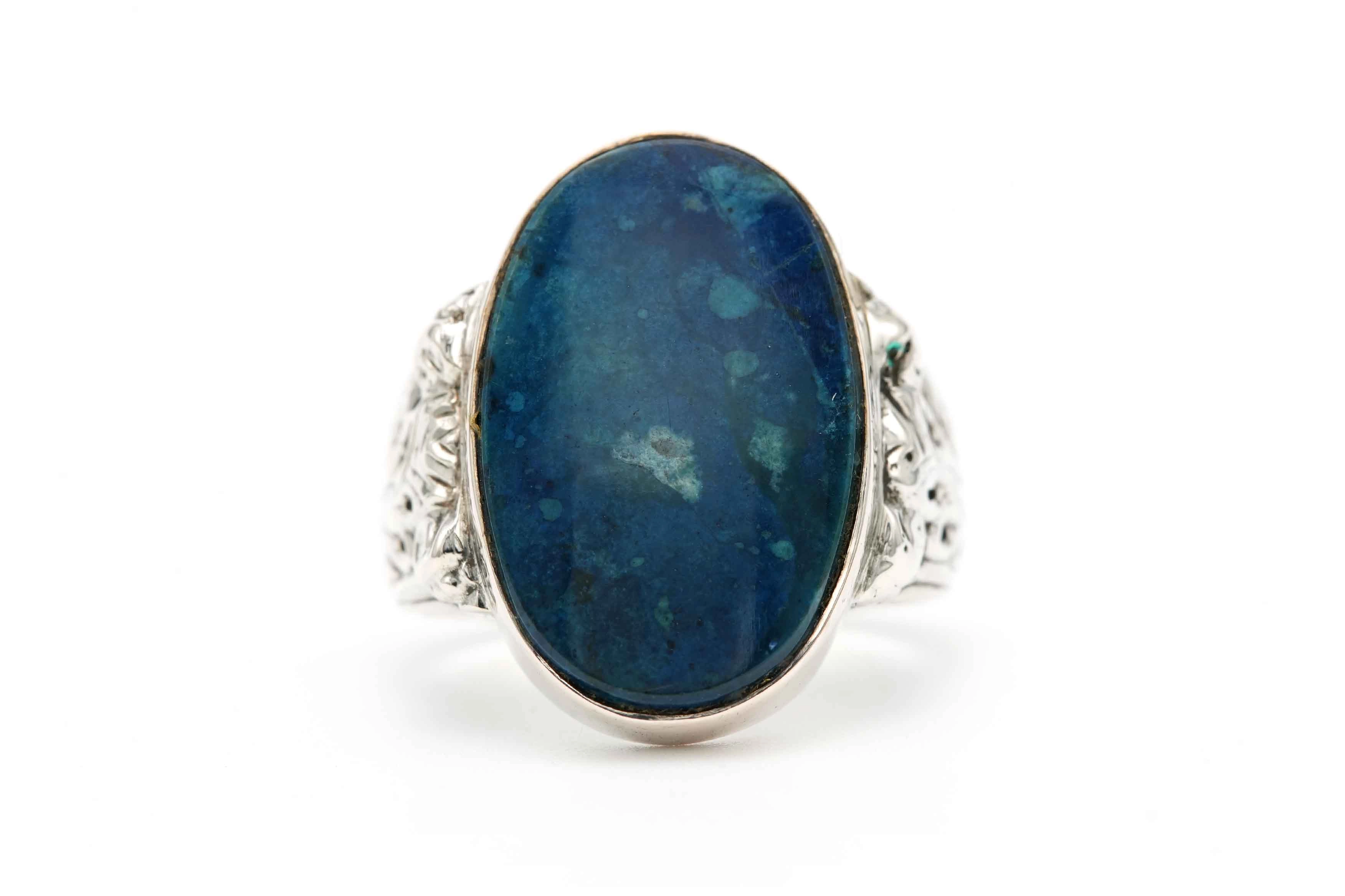 Bague contemporaine en argent 835 sertie d'une chrysocolle - - 1
