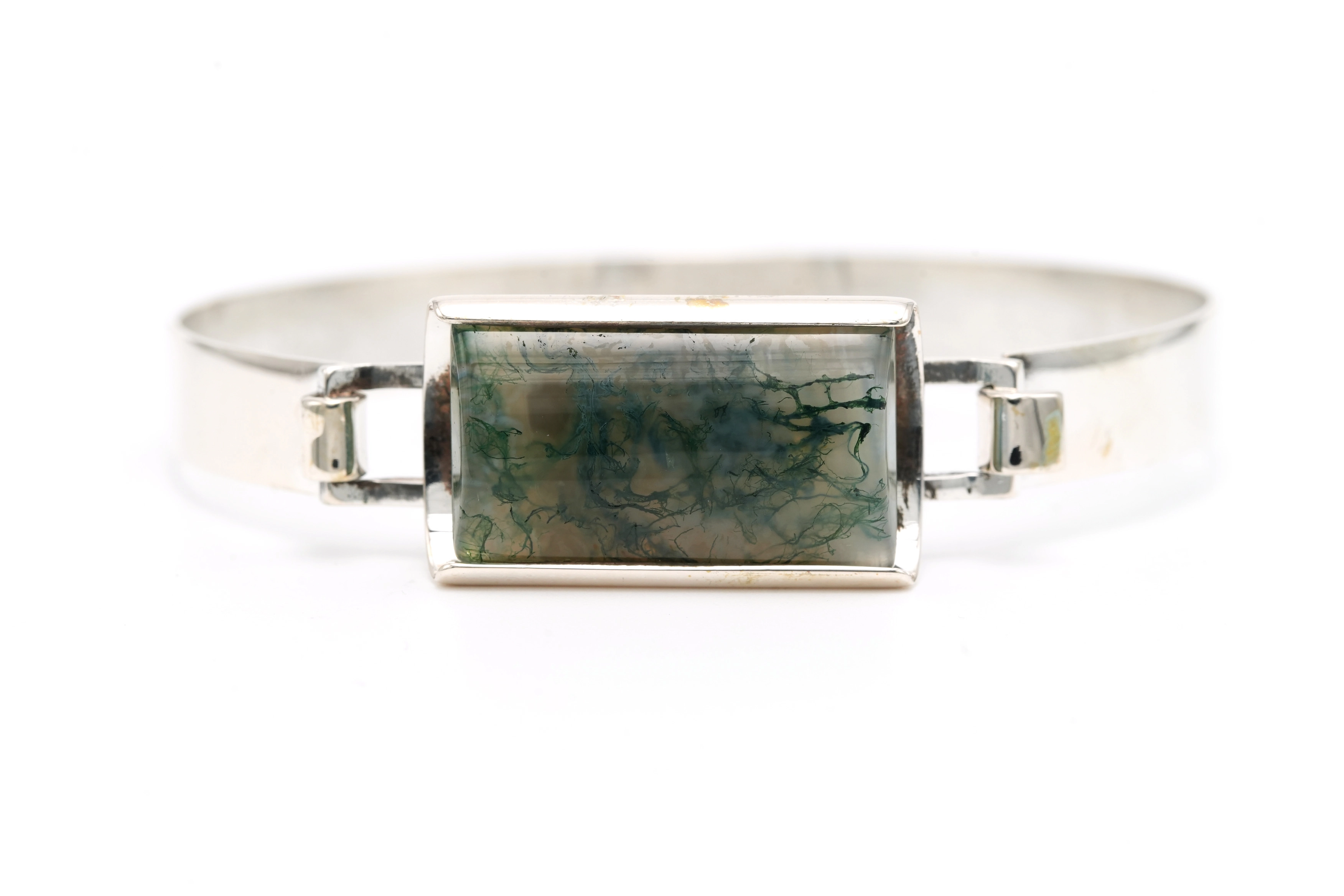 Bracelet Années 70 en argent 830 serti d'une agate mousse