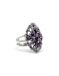 Bague contemporaine en argent 925 sertie de zirconiums et de marcassites