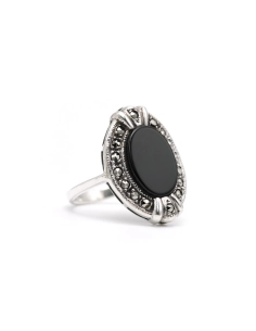Bague contemporaine en argent 925 sertie d'onyx et de marcassites - 6