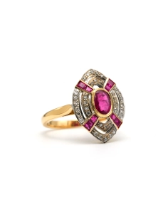 Bague Art Déco en or jaune 18 carats sertie de rubis et diamants taille "8/8" - - 6