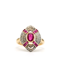 Bague Art Déco en or jaune 18 carats sertie de rubis et diamants taille "8/8" - - 1