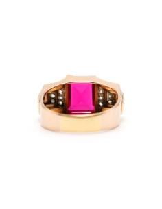Bague Art Déco en or jaune 18 carats sertie d'un rubis synthétique et de diamants "taille" rose - 4