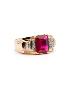 Bague Art Déco en or jaune 18 carats sertie d'un rubis synthétique et de diamants "taille" rose - 6