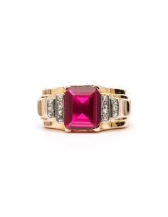 Bague Art Déco en or jaune 18 carats sertie d'un rubis synthétique et de diamants "taille" rose - 1