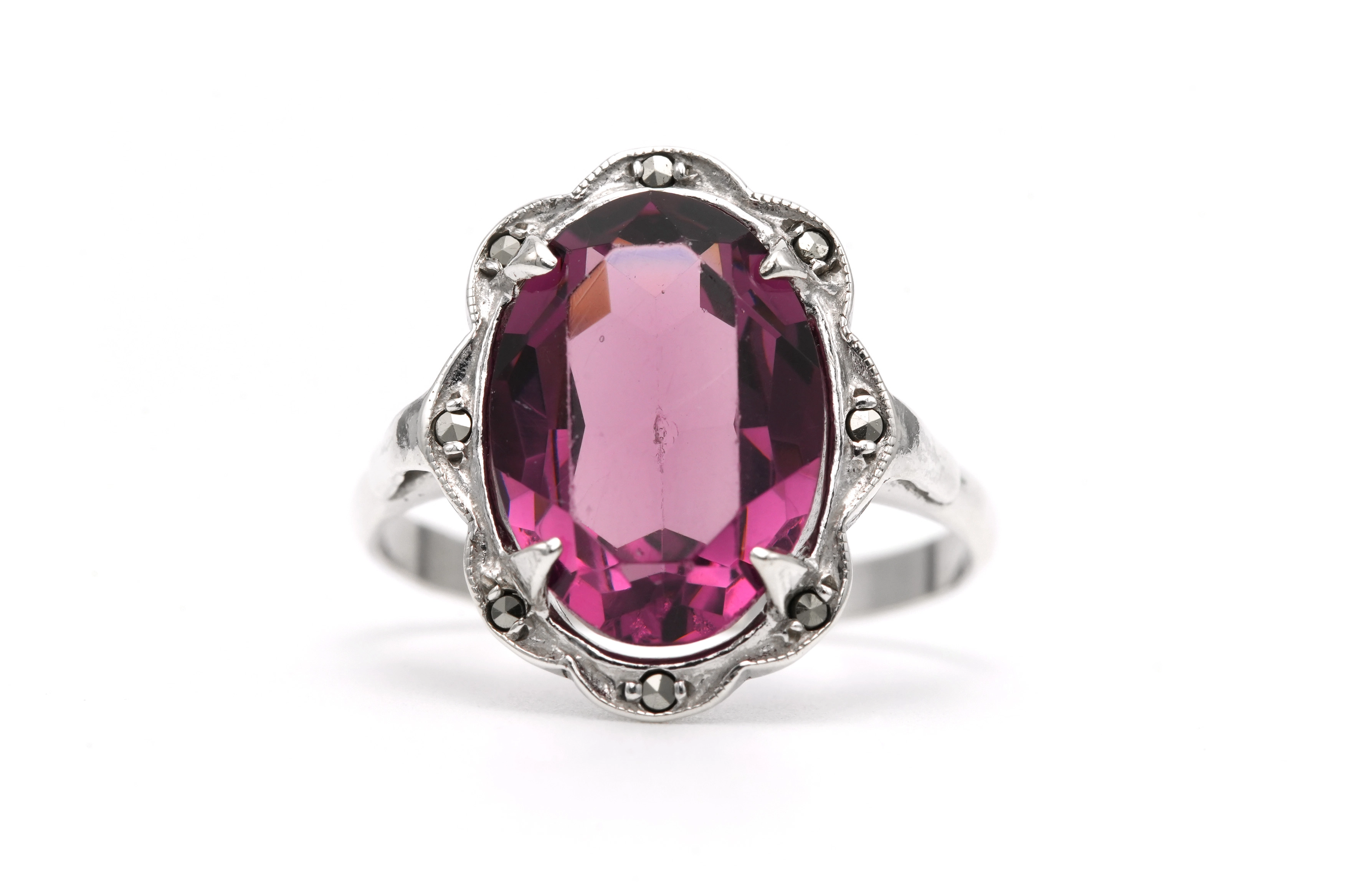 Bague Art Déco en argent sertie d'un saphir synthétique et de marcassites - 6