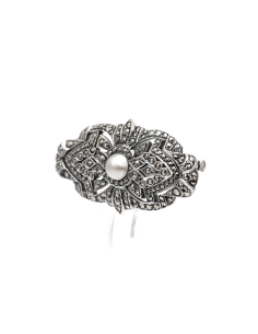 Broche Art Déco en argent 935 sertie d'une perle et de marcassites - - 2