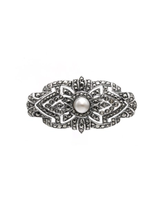 Broche Art Déco en argent 935 sertie d'une perle et de marcassites - - 1