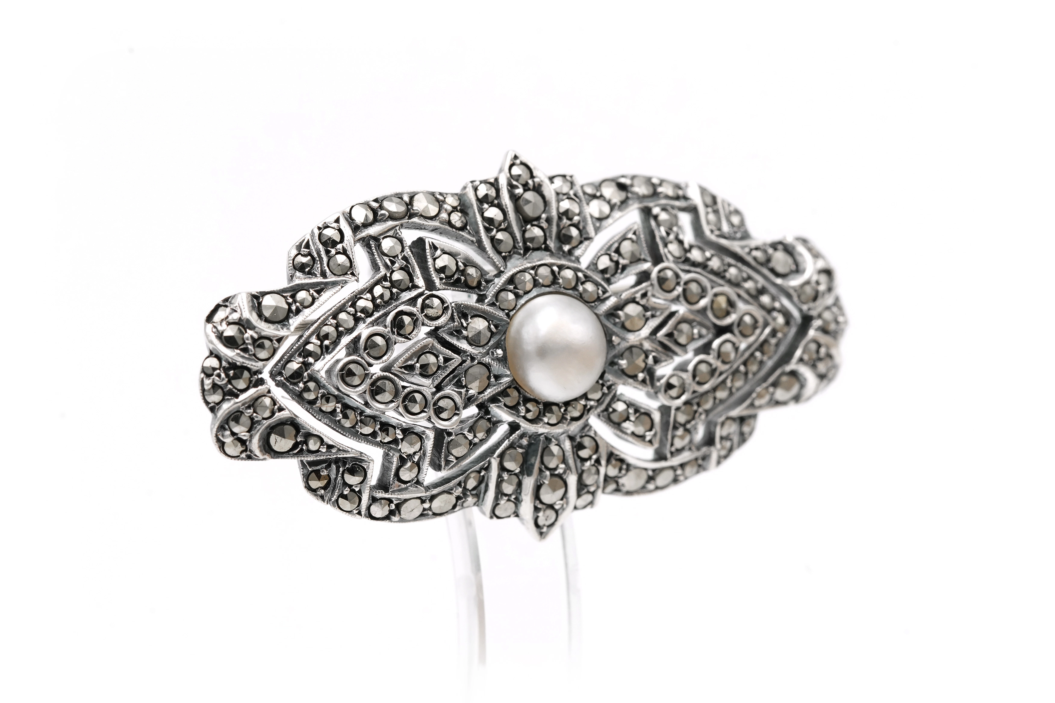 Broche Art Déco en argent 935 sertie d'une perle et de marcassites - - 3