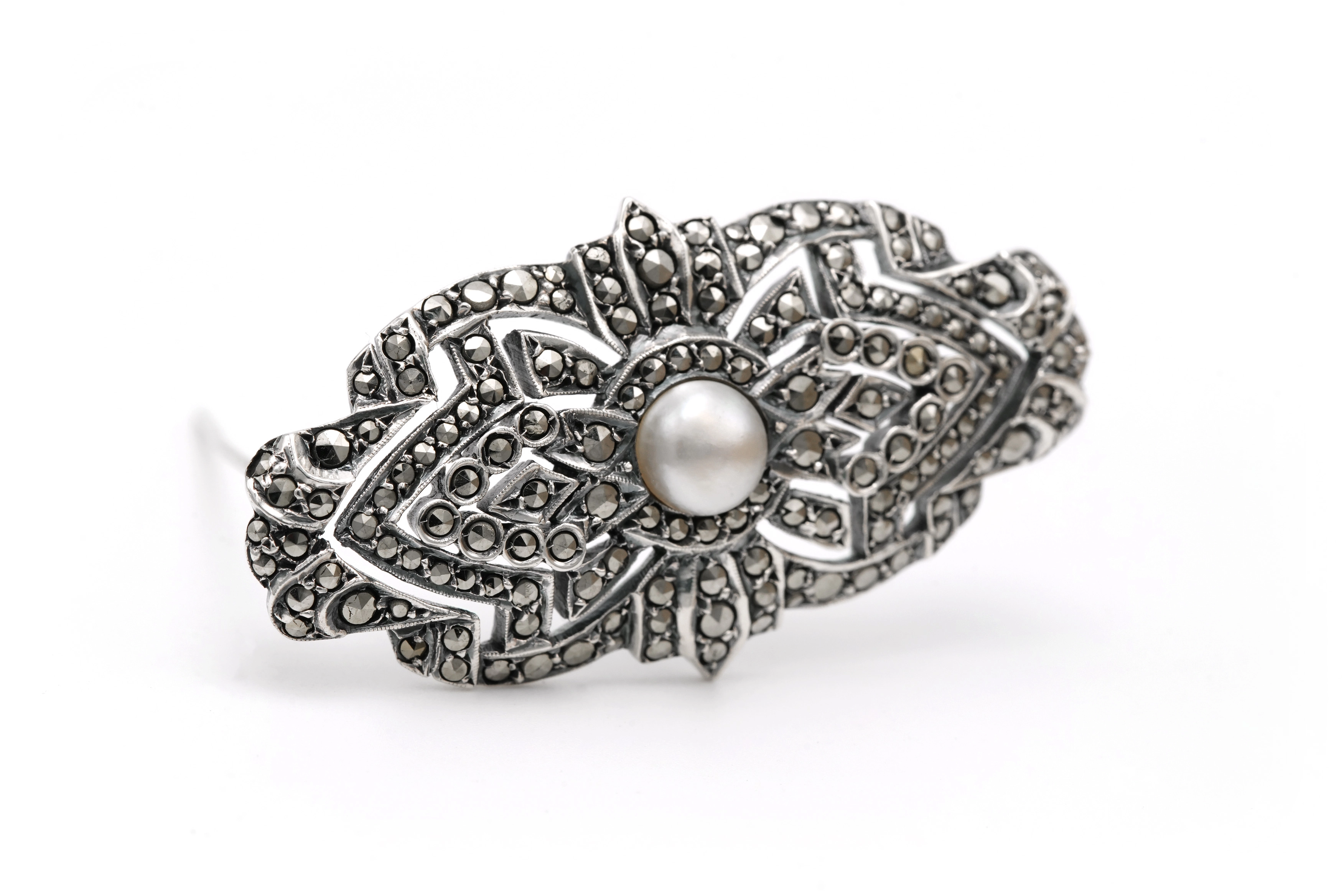 Broche Art Déco en argent 935 sertie d'une perle et de marcassites - - 6