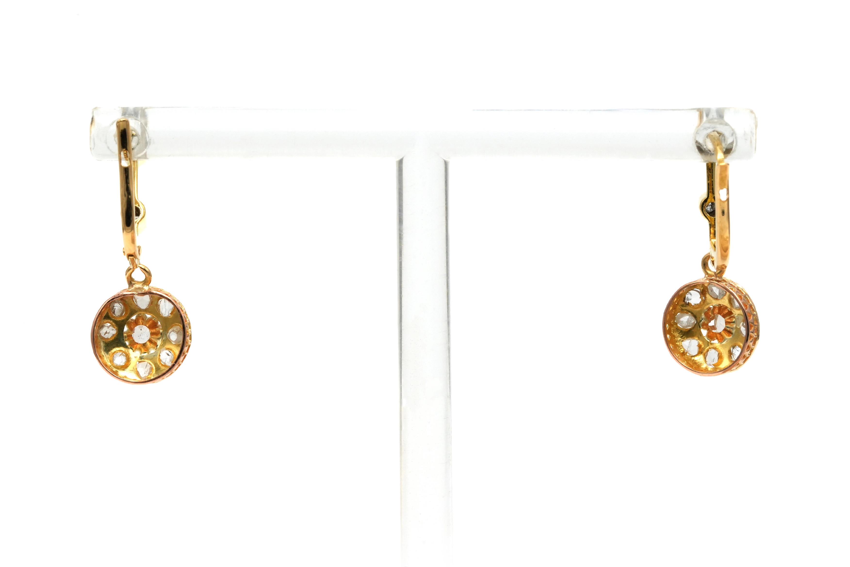 Boucles d'oreilles Art Déco en or jaune 18 carats serties de diamants "taille" rose - - 5