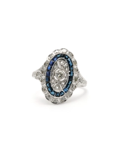 Bague Art Déco en or blanc 18 carats sertie de saphirs et d'un diamant "taille" brillant et de diamants "taille" rose - 1