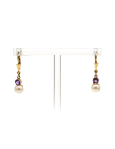 Boucles d'oreilles contemporaines en or jaune 8 carats serties de perles et d'améthystes - 7