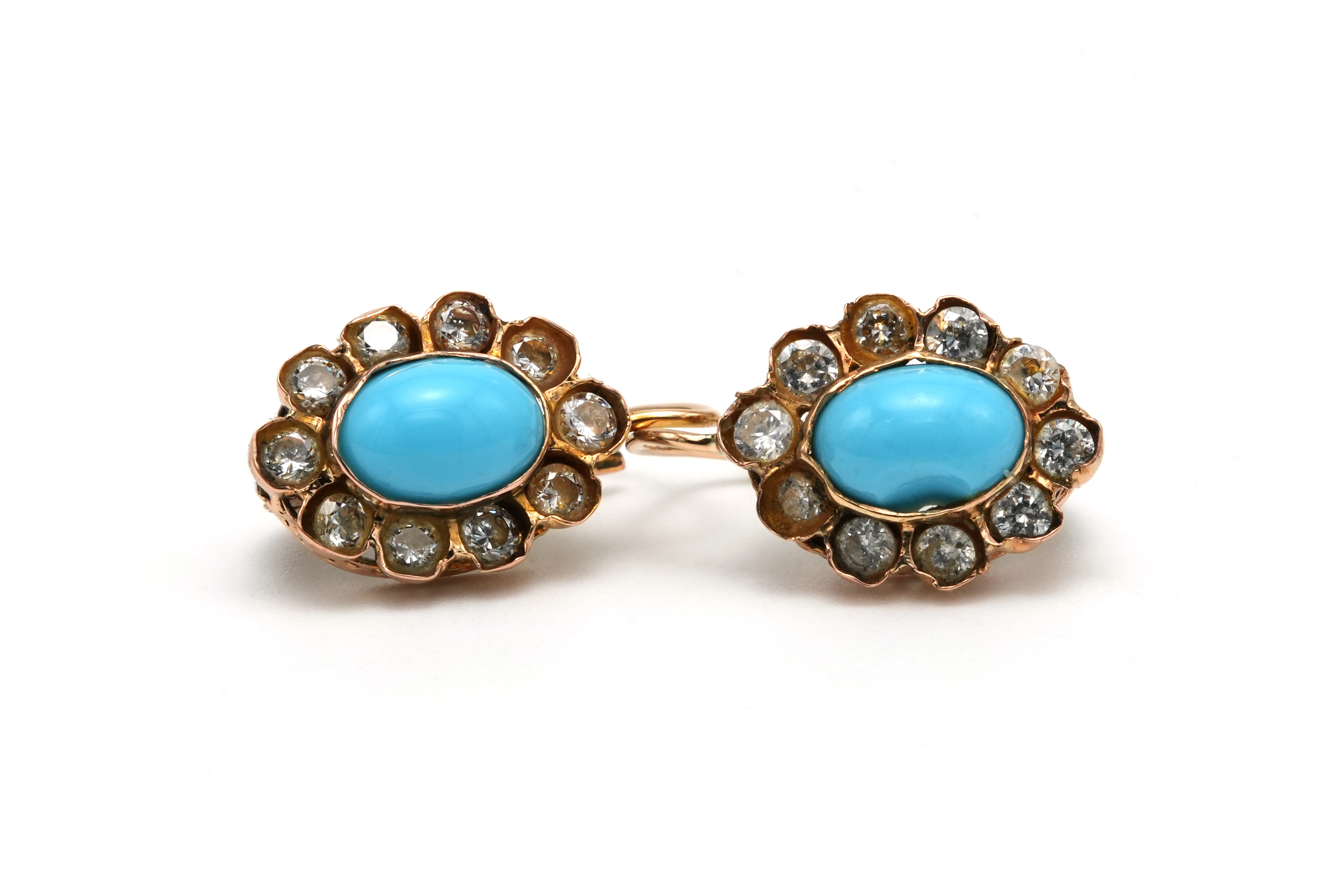 Boucles d'oreilles Napoléon III en or jaune 18 carats serties de strass et de turquoises - 1