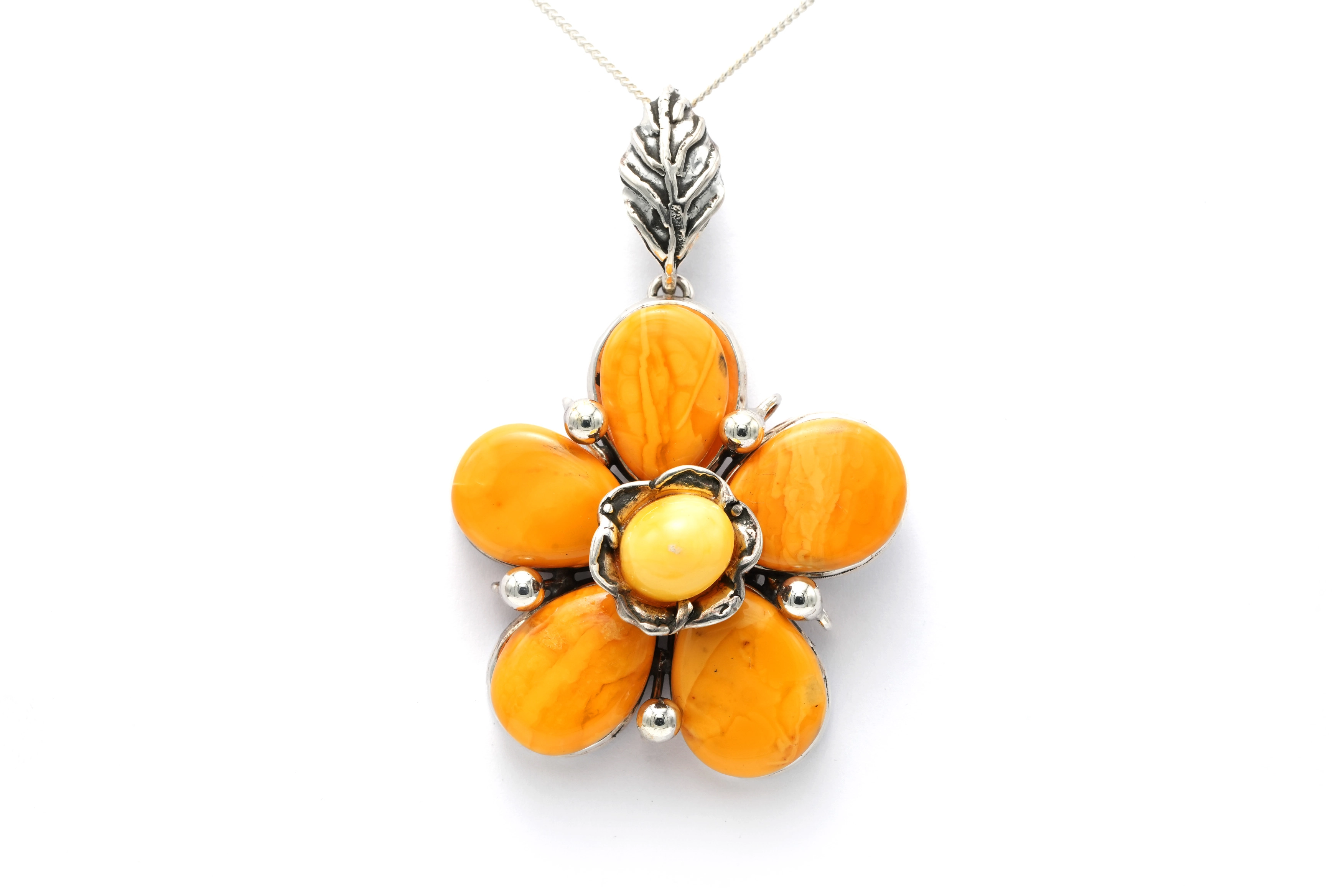 Pendentif Années 70 en argent 925 serti d'ambre - 1