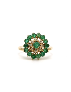 Bague contemporaine en or jaune 14 carats sertie d'émeraudes et de diamants "taille" brillant (+-0.06ct) - - 1