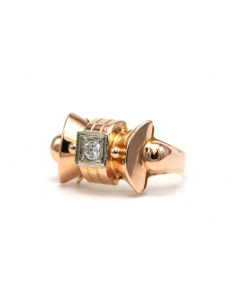 Bague Art Déco en or jaune 18 carats sertie d'un diamant taille "brillant" (+- 0.13ct) - 2