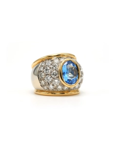 Bague contemporaine en or jaune et or blanc 18 carats sertie d'une topaze et de diamants taille "brillant" (+- 3.20ct) - 6