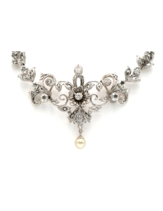 Collier Art Nouveau en or jaune et blanc 18 carats serti de diamants taille "rose", d'un "old cut" et d'une perle - 1