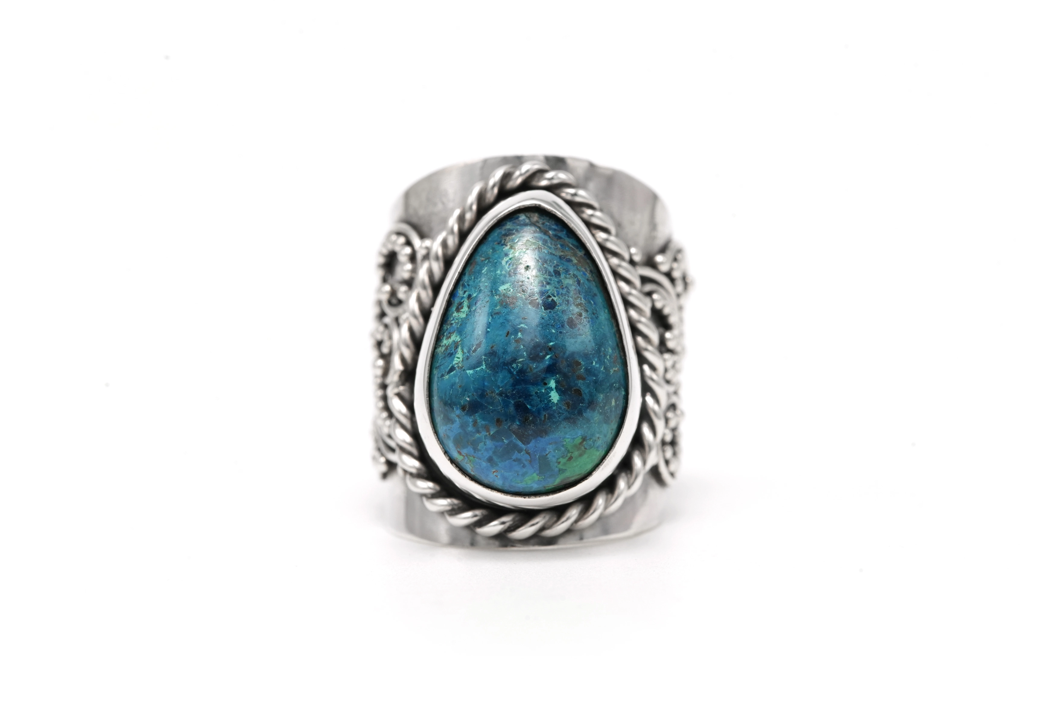 Bague contemporaine en argent 925 sertie d'une chrysocolle - 1
