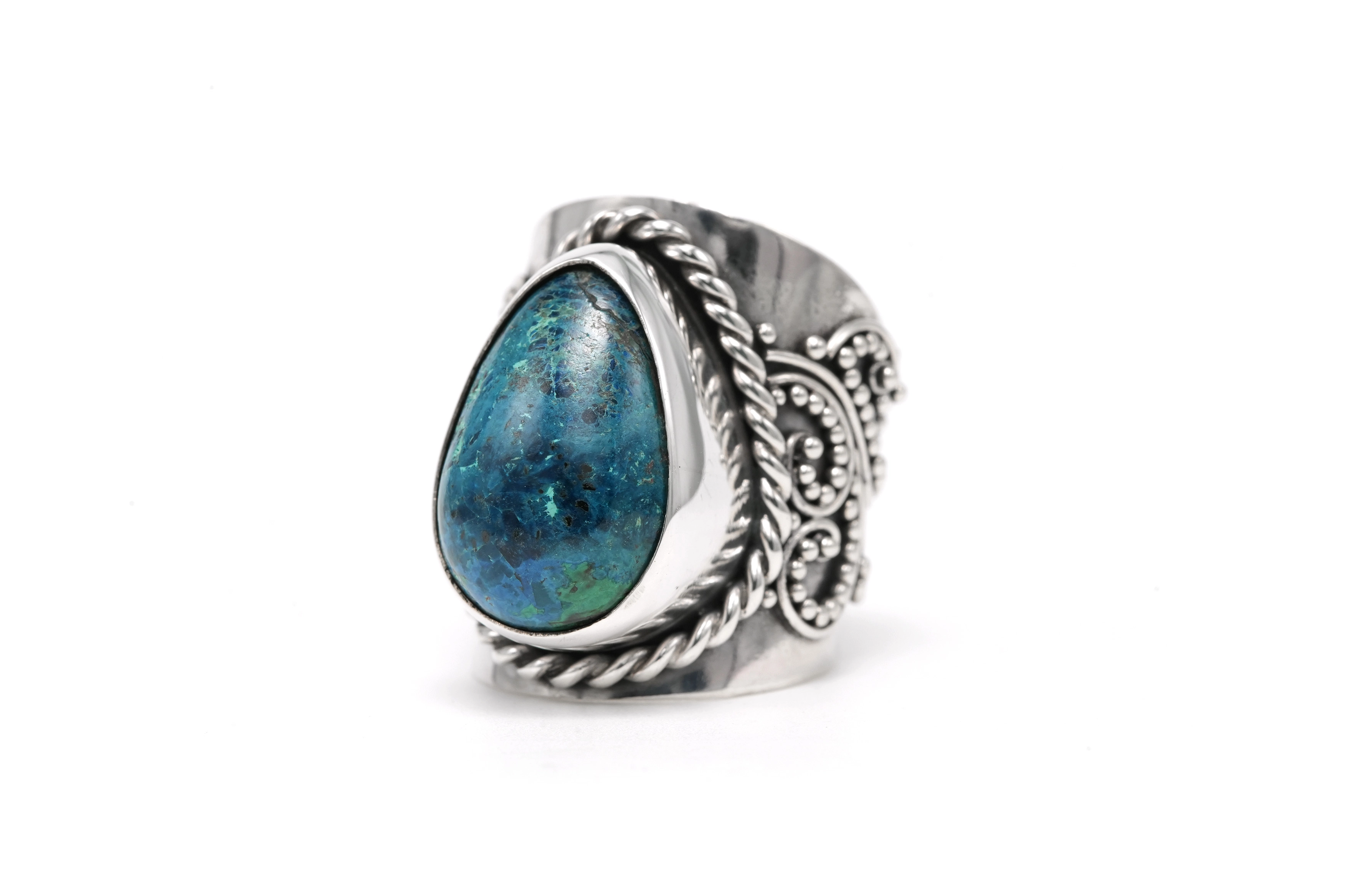 Bague contemporaine en argent 925 sertie d'une chrysocolle - 2