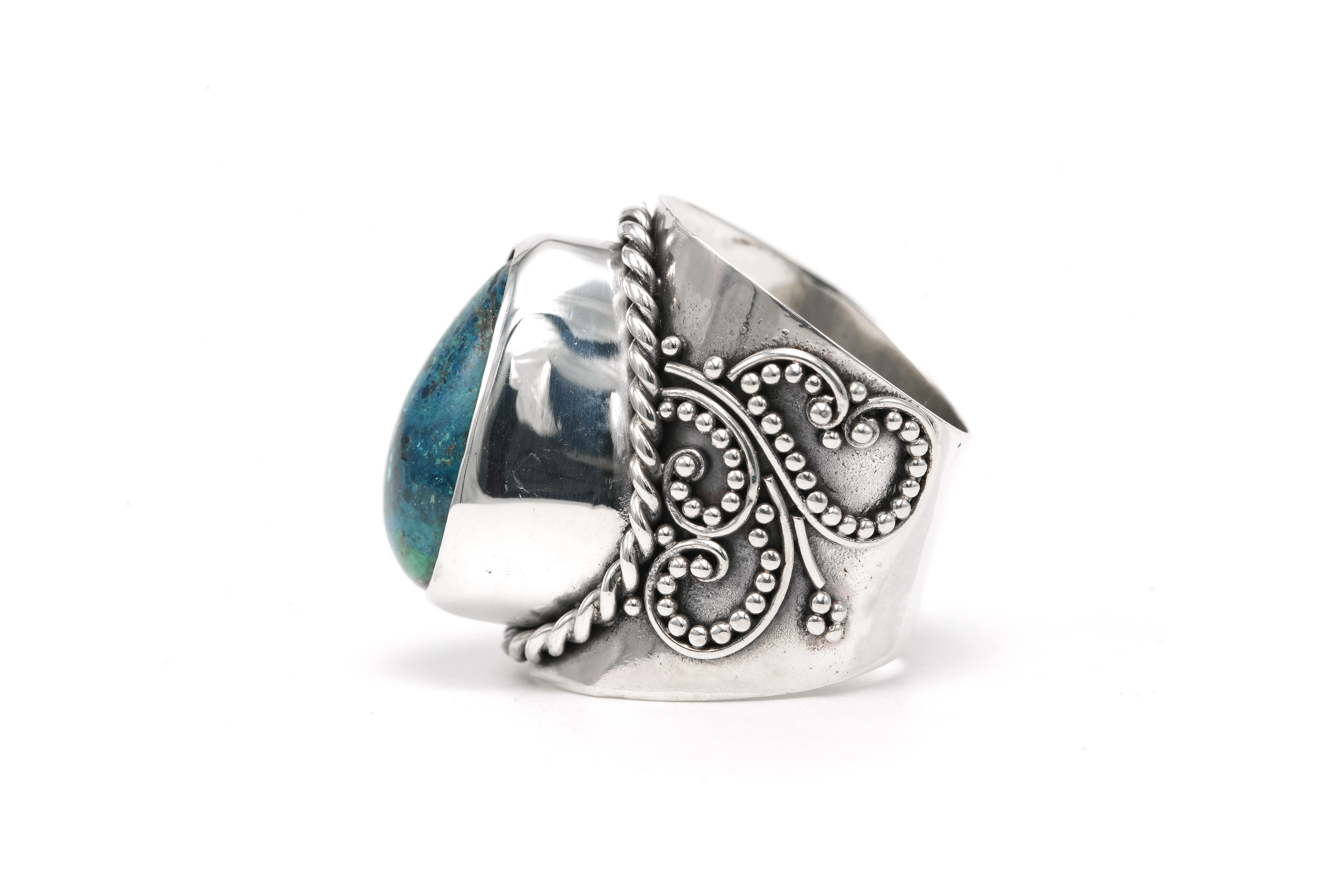 Bague contemporaine en argent 925 sertie d'une chrysocolle - 3