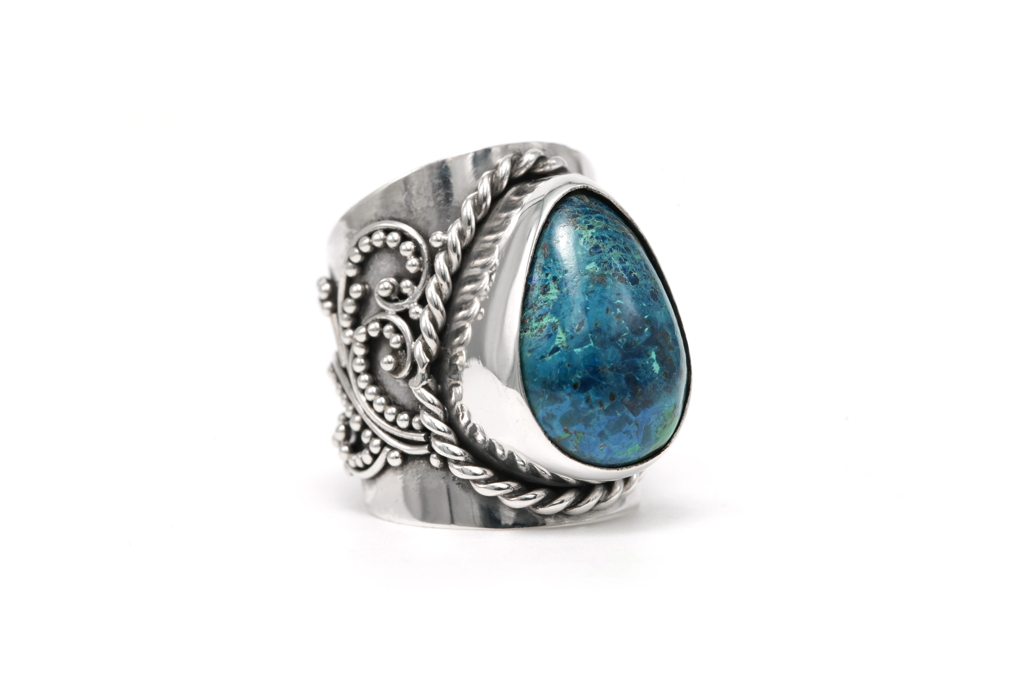 Bague contemporaine en argent 925 sertie d'une chrysocolle - 6