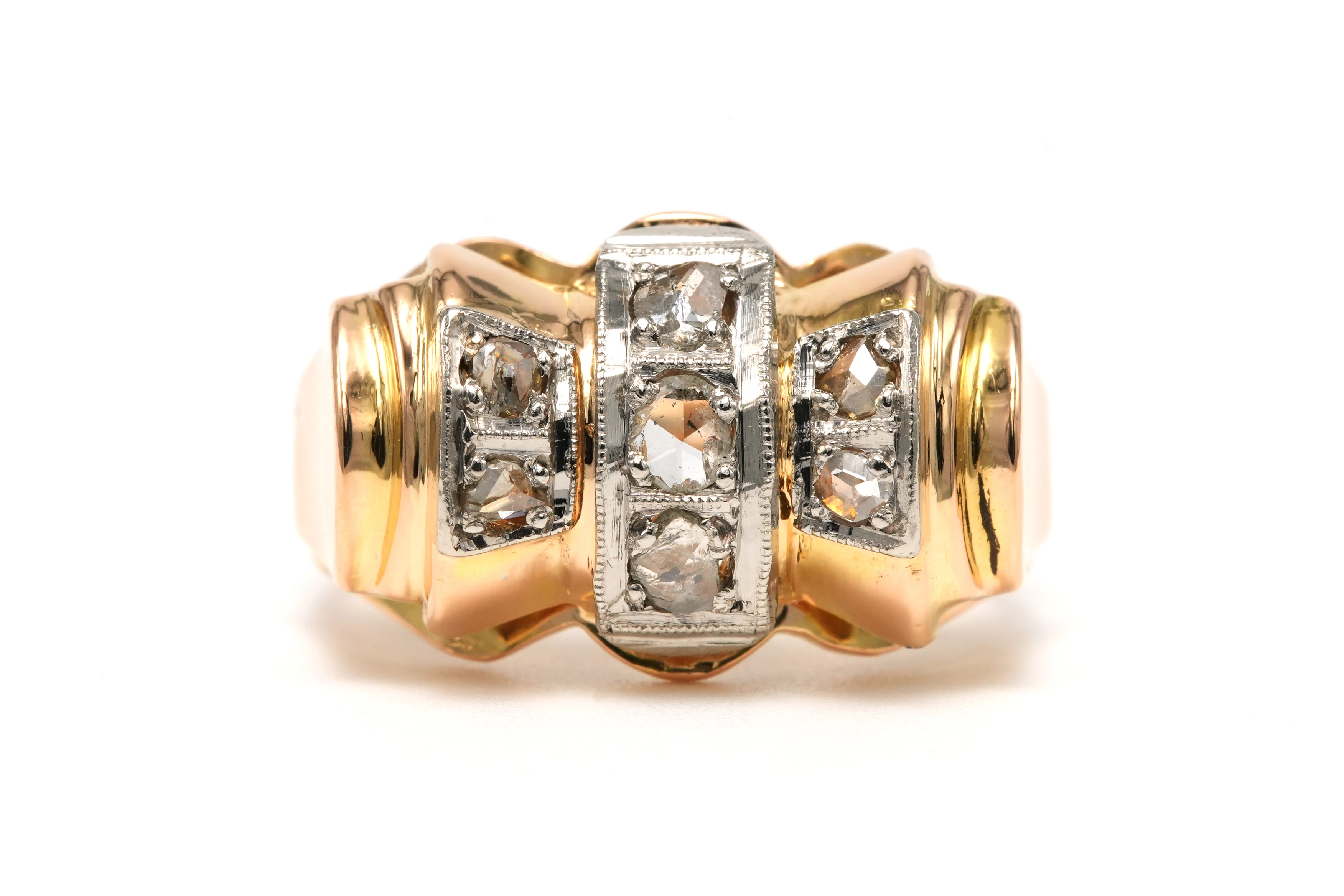 Bague Art Déco en or jaune 18 carats sertie de diamants taille "rose" - 2