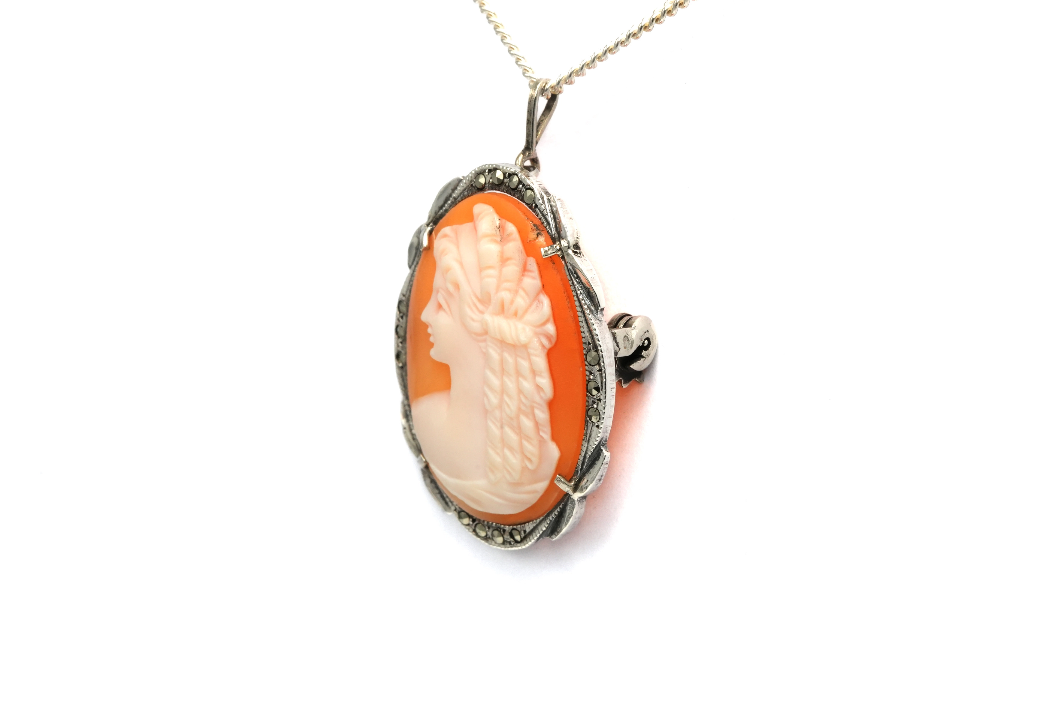 Pendentif Art Déco en argent 835 serti d'un camée et de marcassites - 2