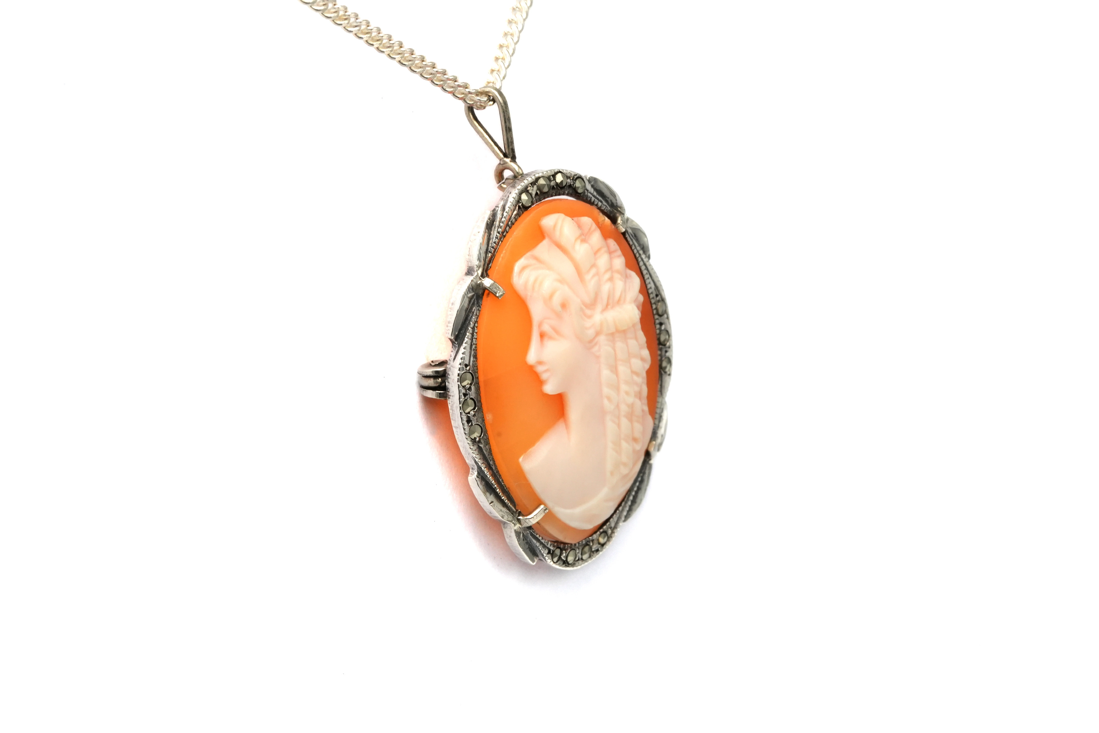 Pendentif Art Déco en argent 835 serti d'un camée et de marcassites - 3