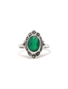 Bague Années 70 en argent 925 sertie d'une chrysoprase et de marcassites - 1